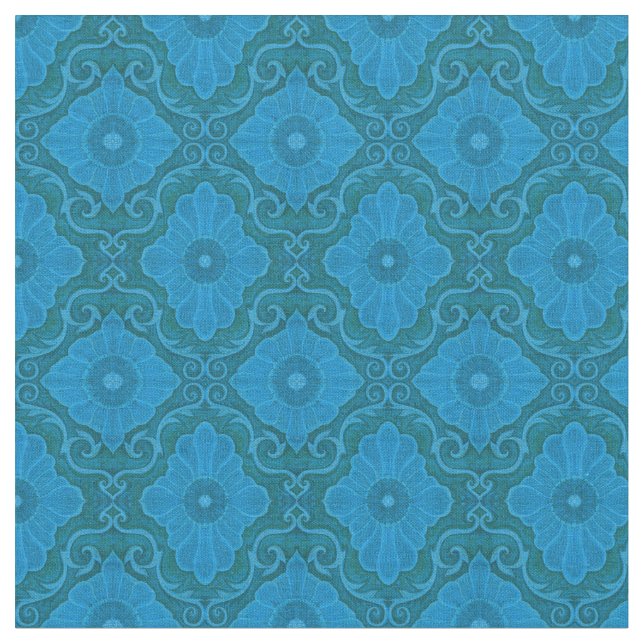 "Blue flowers” floral arabesque, handdrawn pattern Fabric (Close Up)