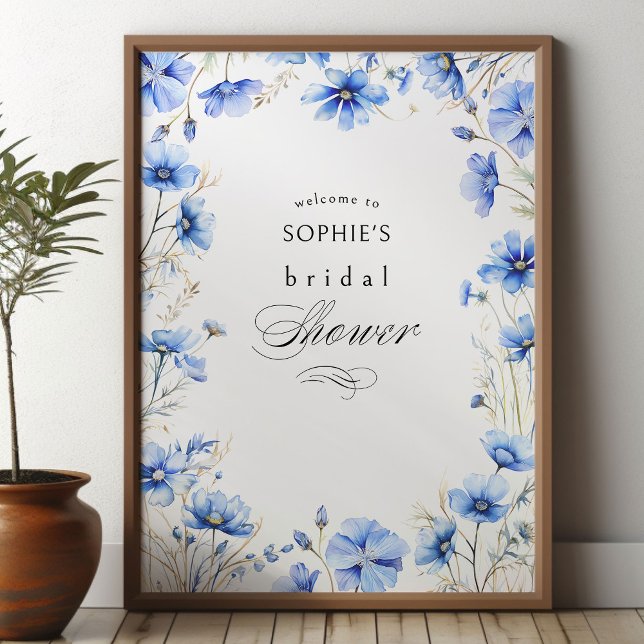 Blue Flowers Floral Frame Bridal Shower Welcome Poster (Bridal Shower Welcome Poster with Blue Flowers from Something Blue Floral Bridal Shower Collection)