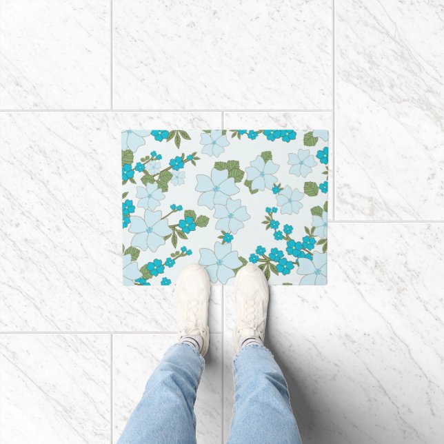 Blue Flowers, Floral Pattern, Pattern Of Flowers Doormat (Indoor)