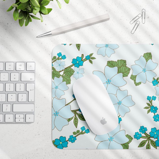Blue Flowers, Floral Pattern, Pattern Of Flowers Mouse Mat (Creator Uploaded)
