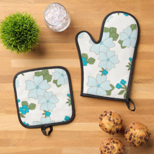 Blue Flowers, Floral Pattern, Pattern Of Flowers Oven Mitt & Pot Holder Set