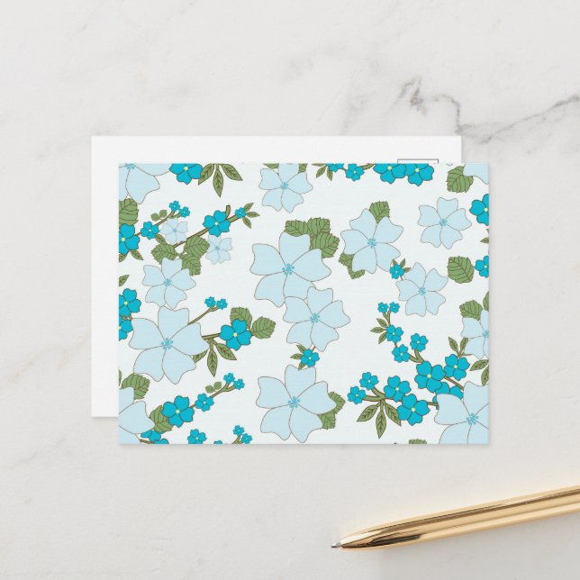 Blue Flowers, Floral Pattern, Pattern Of Flowers Postcard (Front/Back In Situ)