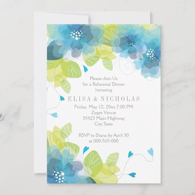 Blue flowers floral wedding rehearsal dinner invitation (Front)