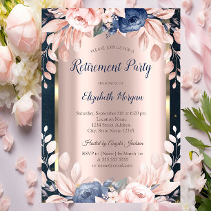 Blue Flowers,Frame Dark Blue Retirement Invitation