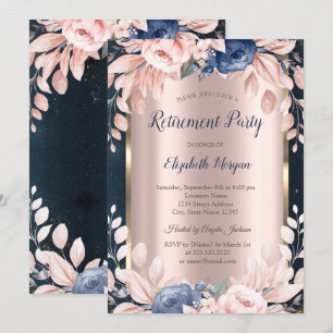 Blue Flowers,Frame Dark Blue Retirement  Invitation