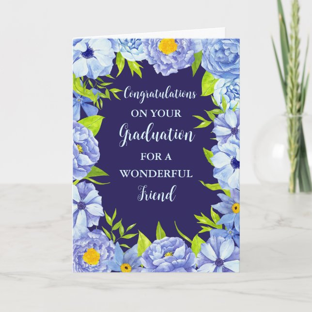 Blue Flowers Friend Congratulations Graduation Card (Front)