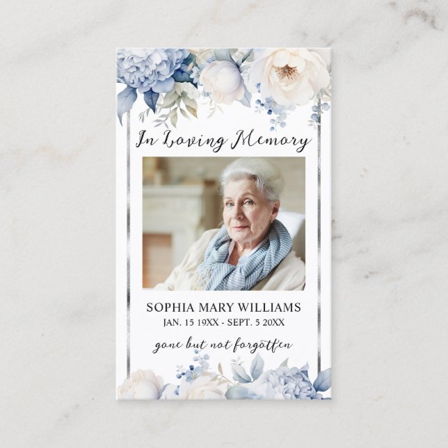 Blue Flowers Funeral Memorial Prayer Photo Card (Front)