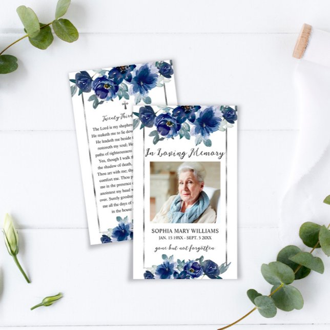 Blue Flowers Funeral Memorial Prayer Photo Card (Creator Uploaded)