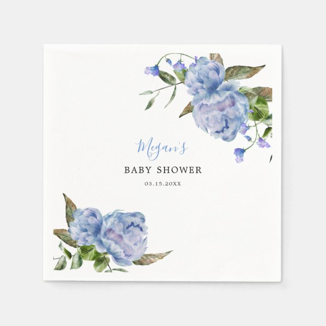 Blue Flowers Garden Boy Baby Shower Napkin (Front)