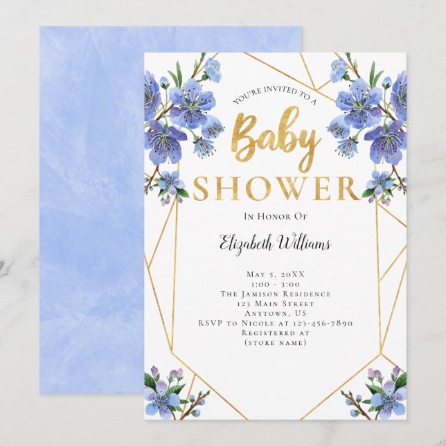 Blue Flowers Geometric Frame Baby Shower Invitation (Front/Back)