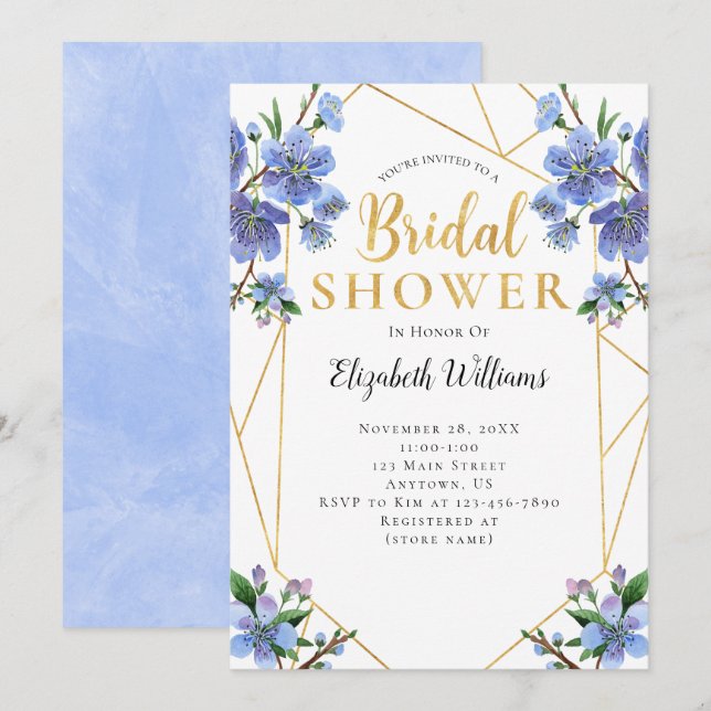 Blue Flowers Geometric Frame Bridal Shower Invitation (Front/Back)