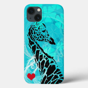 Blue Flowers Giraffe with Red Heart iPhone 13 Case