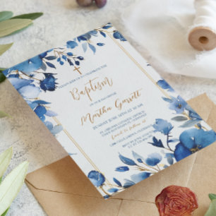 Blue Flowers Girl Floral Baptism  Invitation