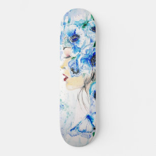 Blue Flowers Girl Skateboard Fantasy Painting
