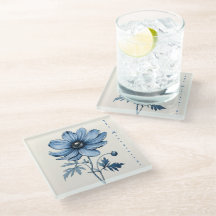Blue Flowers, Glass Coaster, Wedding