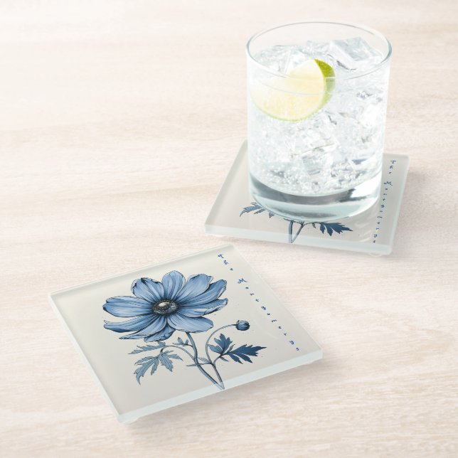 Blue Flowers, Glass Coaster, Wedding Coaster (Angled)