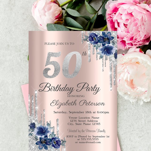 Blue Flowers Glitter Drips Rose Gold 50th Birthday Invitation (Creator Uploaded)