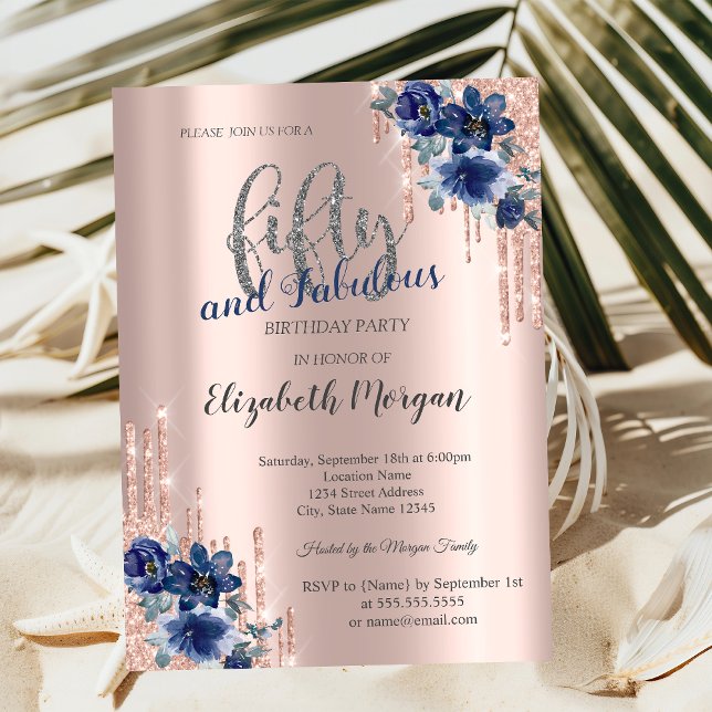 Blue Flowers Glitter Drips Rose Gold 50th Birthday Invitation (Creator Uploaded)