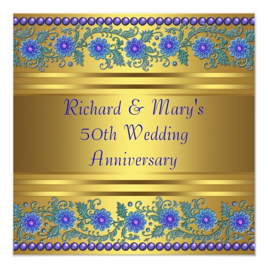 Blue Flowers Gold 50th Wedding Anniversary Card