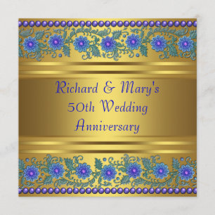 Blue Flowers Gold 50th Wedding Anniversary Invitation