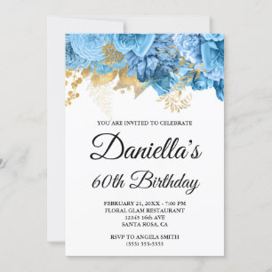 Blue Flowers Gold Foil Glam 60th Birthday Invitation