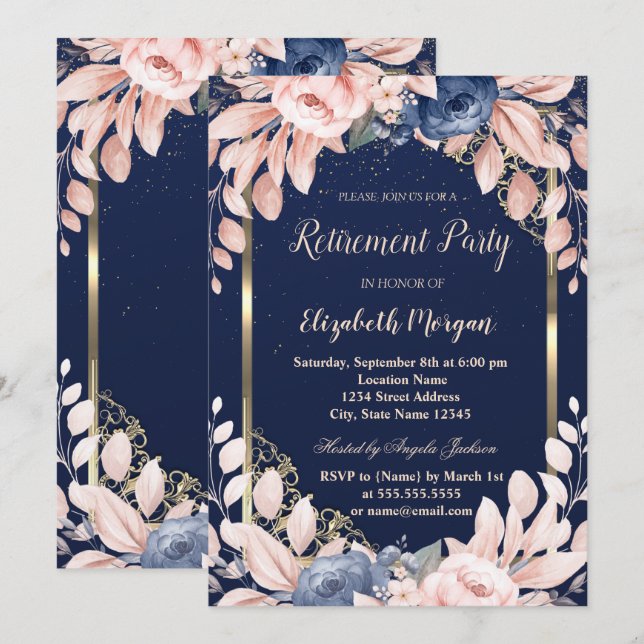 Blue Flowers Gold Frame Navy Blue Retirement  Invitation (Front/Back)
