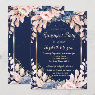 Blue Flowers Gold Frame Navy Blue Retirement  Invitation