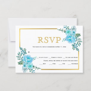 Blue flowers, gold frame wedding RSVP card