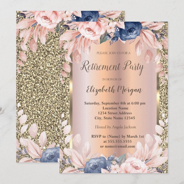 Blue Flowers Gold Glitter Rose Gold Retirement Invitation (Front/Back)