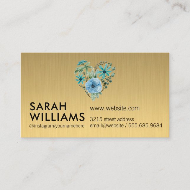 Blue Flowers | Gold Metallic Business Card (Front)