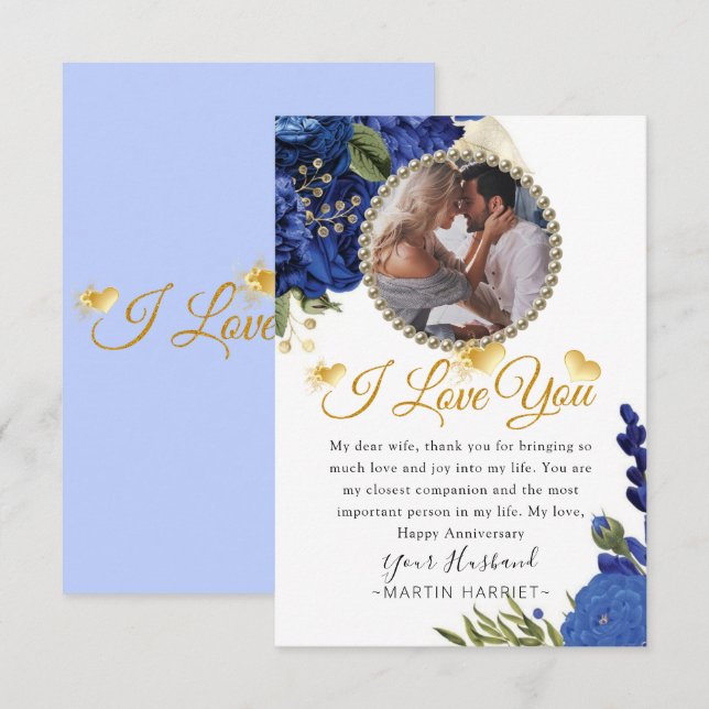 Blue Flowers Gold Photo Wife Anniversary Card (Front/Back)