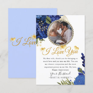 Blue Flowers Gold Photo Wife Anniversary Card