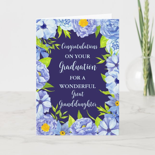 Blue Flowers Great Granddaughter Graduation Card (Front)