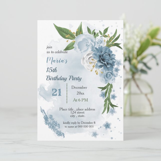 blue flowers & green leaves birthday invitation (Standing Front)