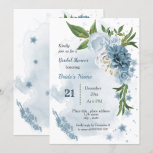 blue flowers & green leaves bridal shower invitation