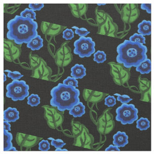 Blue flowers/green leaves/Folk art floral/black Fabric