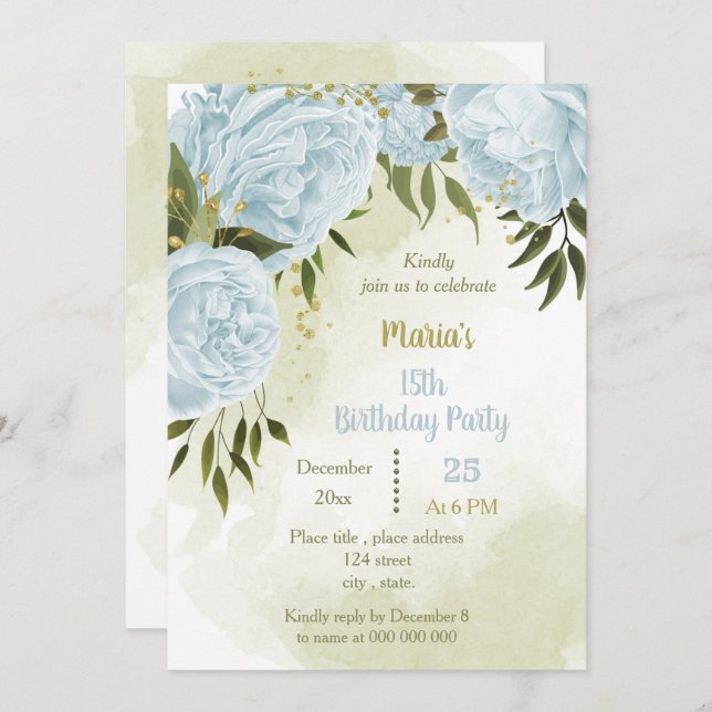 blue flowers greenery birthday party invitation (Front/Back)