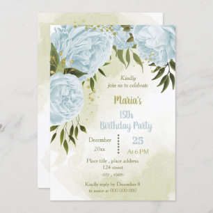 blue flowers greenery birthday party invitation