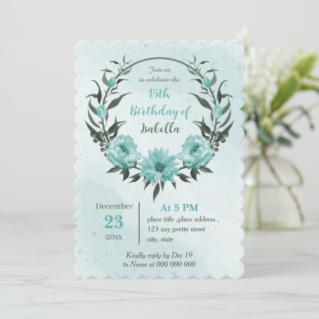  blue flowers greenery botanical birthday  invitation (Standing Front)