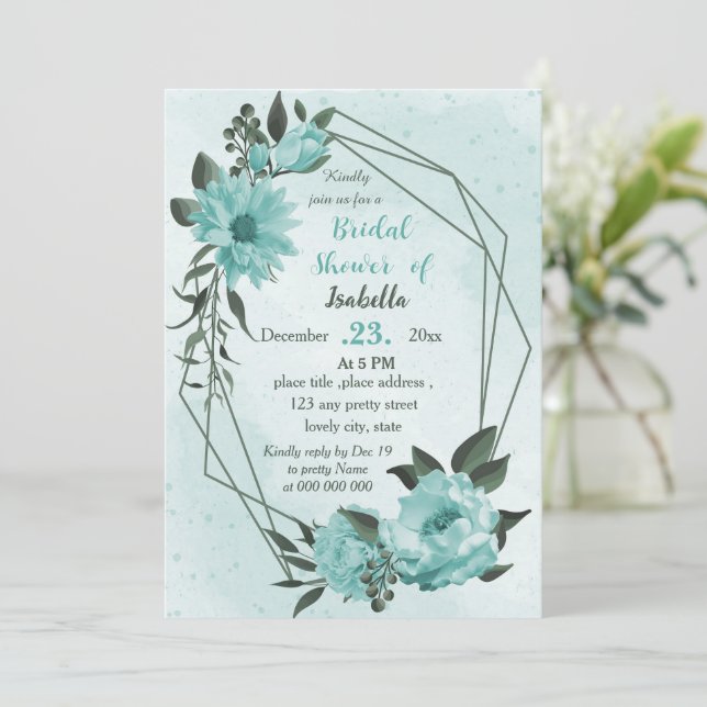  blue flowers greenery botanical bridal shower invitation (Standing Front)