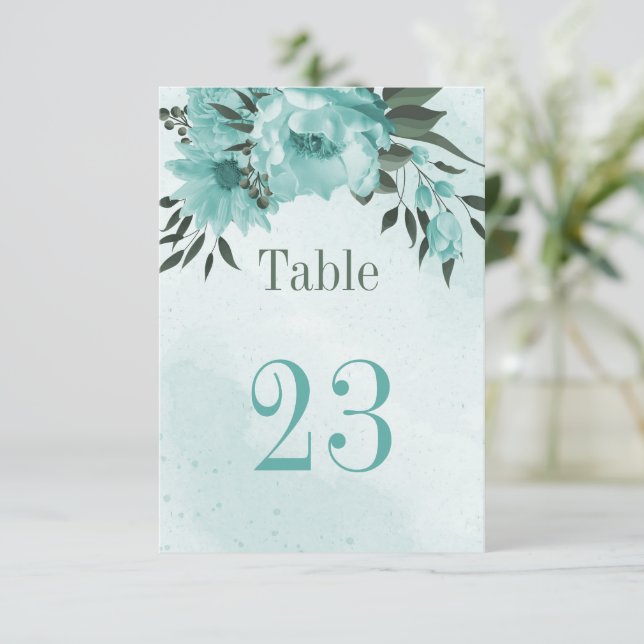  blue flowers greenery botanical table number (Standing Front)