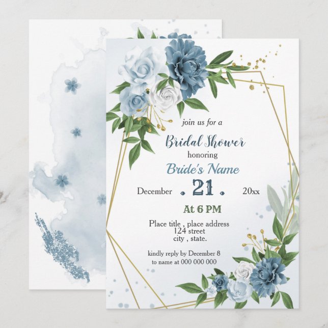 blue flowers greenery geometric bridal shower invitation (Front/Back)