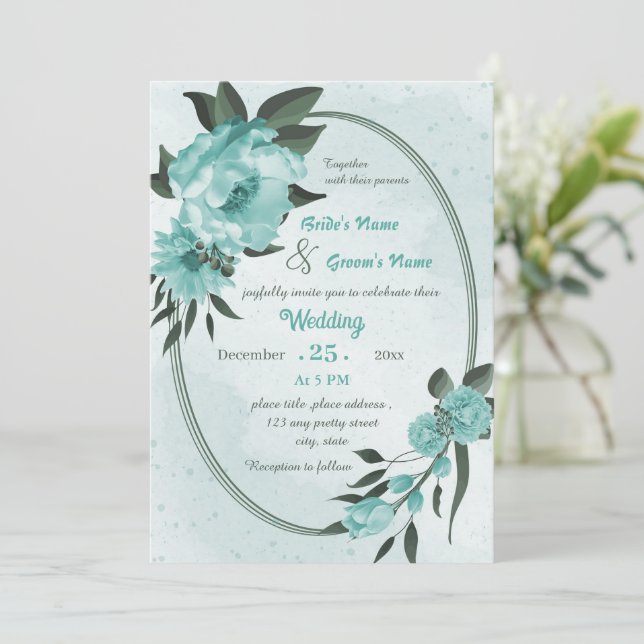  blue flowers greenery geometric wedding  invitation (Standing Front)
