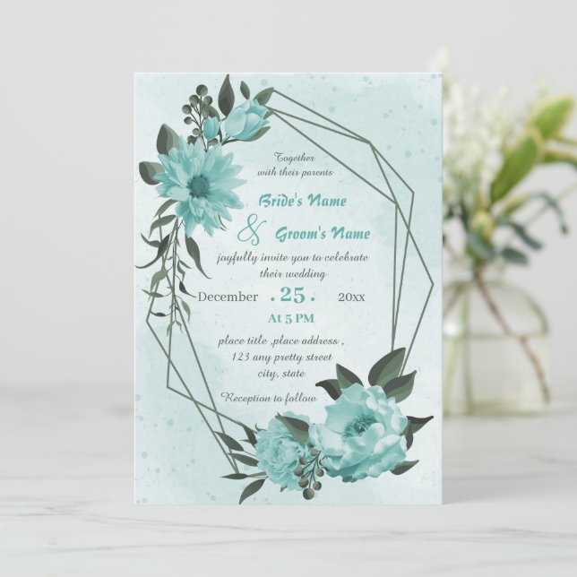  blue flowers greenery geometric wedding  invitation (Standing Front)