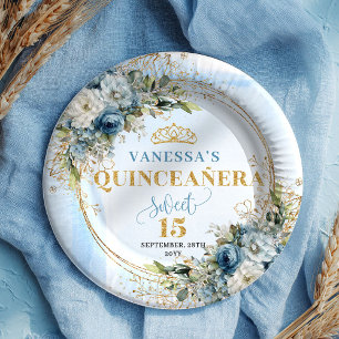 Blue Flowers Greenery Gold Personalized Quince  Paper Plate