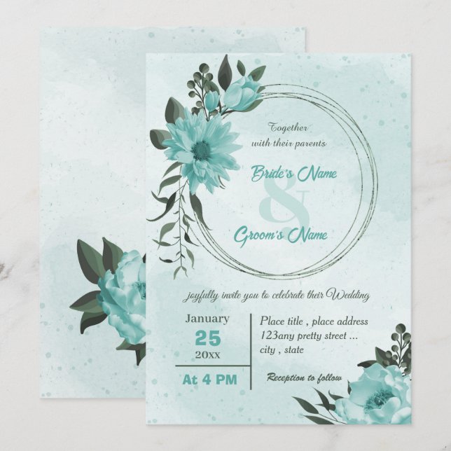  blue flowers greenery wedding  invitation (Front/Back)