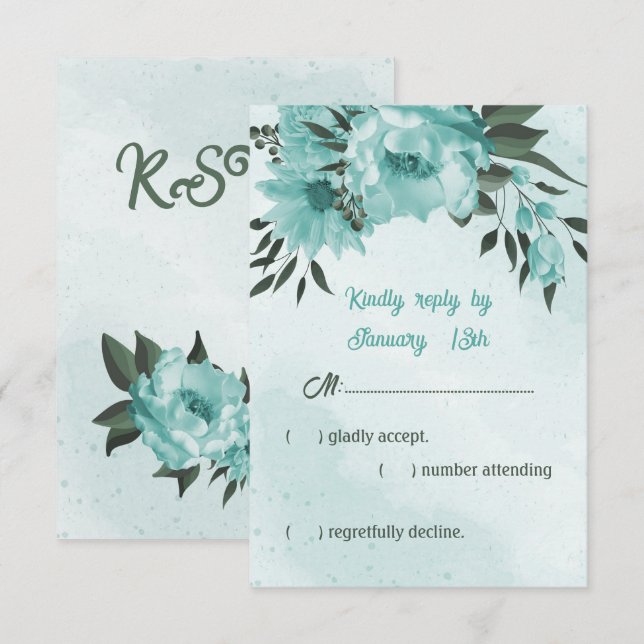 blue flowers greenery wedding  RSVP card (Front/Back)