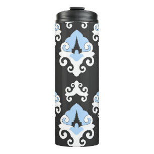 Blue Flowers Grey Background Pattern Thermal Tumbler