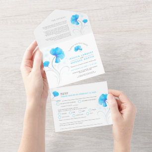 Blue flowers grey swirl watercolor  all in one invitation