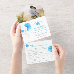 Blue flowers grey swirl watercolor custom photo all in one invitation